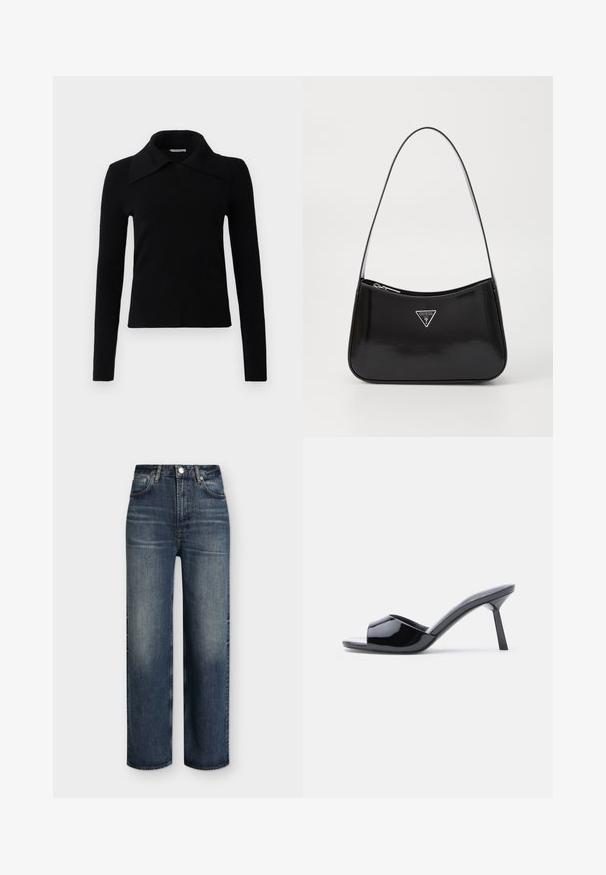 Zwarte lange mouwen top gemaakt van zachte stof, met een grote, puntige kraag en een aansluitend ontwerp. Soepele textuur met minimale details.; Donkerblauwe jeans met hoge taille en rechte pijpen, met voorzakken, ceintuurlussen, knoopsluiting en subtiele vervaagde details op dijen en knieën.; Zwarte lakleren open-teen sandalen met hak, met een gebogen bovenkant ontwerp en een taps toelopende naaldhak. Gladde glanzende afwerking.; Zwarte lakleren schoudertas met een gebogen vorm, voorzien van een zilveren driehoeklogo en een ritssluiting. Gladde textuur en slanke schouderband.