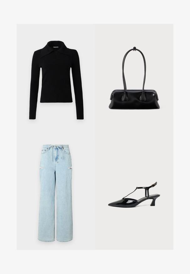 Top noir à manches longues en tissu doux, avec un grand col pointu et une coupe ajustée. Texture lisse avec peu de détails.; Jean large en denim bleu clair avec une taille à cordon, comportant deux déchirures aux genoux et un ourlet propre. Texture douce avec une coupe décontractée.; Chaussure slingback en cuir verni noir à bout pointu avec bride en T et petit talon bloc incliné sur fond blanc.; Sac à main en cuir noir avec deux poignées allongées, une texture lisse et une base arrondie, ornée d'accents décoratifs sur les côtés.