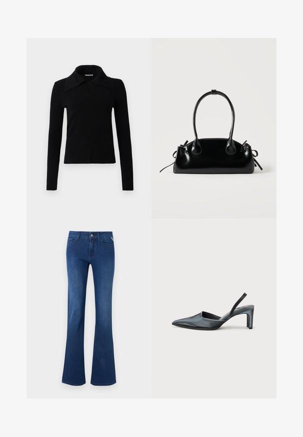 Top noir à manches longues en tissu doux, avec un grand col pointu et une coupe ajustée. Texture lisse avec peu de détails.; Jeans en denim bleu foncé avec une taille mi-haute et des jambes évasées, dotés de poches avant et d'une fermeture à bouton.; Escarpin noir à bride arrière avec un bout pointu, une finition satinée élégante et un talon fin de 7,5 cm. Design latéral ouvert avec des détails de couture minimalistes.; Petit sac à main noir brillant avec deux longues anses et des détails à cordon sur les côtés sur un fond clair uni.