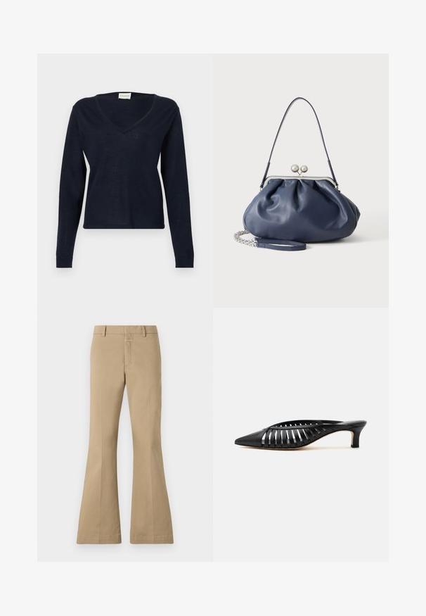 CLOSED V NECK LONG SLEEVE - Jersey de punto - dark night; CLOSED FELISE - Pantalones - urban beige; Zapato mule de cuero negro con punta afilada, diseño de tiras con recortes y tacón bajo tipo kitten sobre fondo blanco.; Bolso de mano de cuero azul marino suave con cierre de broche plateado, una correa de hombro y correa de cadena desmontable para la muñeca sobre fondo blanco.