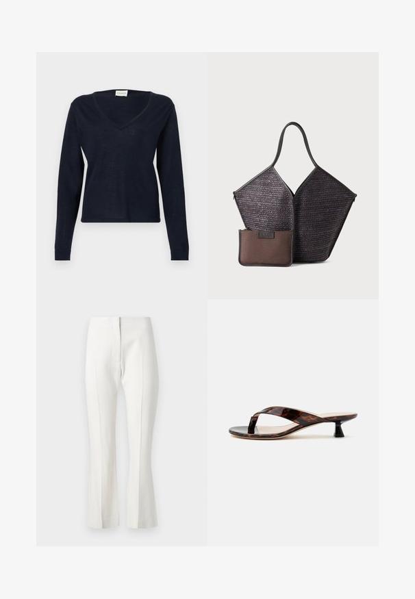CLOSED V NECK LONG SLEEVE - Svetrík - dark night; Biele upravené nohavice s rozšíreným spodným okrajom, s plochým predným dielom, bez vreciek a hladkou textúrou tkaniny.; Hnedý sandál s nízkym podpätkom typu kitten heel so remienkom medzi prstami a štvorcovou špičkou na svetlom jednoliatom pozadí.; Hereu CALELLA - Veľká kabelka - dark brown