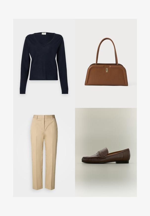 CLOSED V NECK LONG SLEEVE - Pullover - dark night; Pantalon beige à jambe droite avec passants pour ceinture, pli avant et fermeture dissimulée, présenté sur un fond clair.; Mocassin en cuir marron avec détail métallique à l'avant et un petit talon noir, vu de profil sur un fond neutre.; Sac en cuir marron de forme rectangulaire, avec des bords arrondis, deux poignées et un petit logo rectangulaire doré accentué au centre.