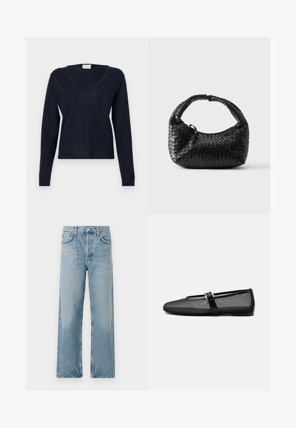 CLOSED V NECK LONG SLEEVE - Pullover - dark night; Jeans en denim bleu clair avec une taille haute, une coupe évasée et un design à cinq poches. Comprend une fermeture à boutons et un léger décoloré.; Ballerine noire en mesh avec bout rond et bride Mary Jane réglable avec boucle argentée, sur un fond gris clair uni.; Sac à main noir tissé de forme arrondie, finition texturée et poignée incurvée. Présente un logo discret en accent sur le devant.