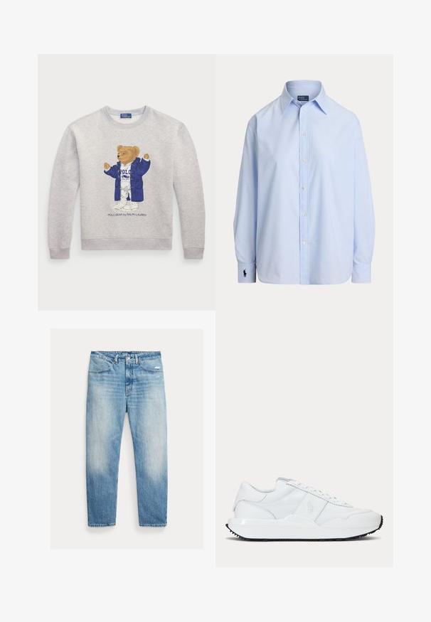 Lys grå sweatshirt med et grafisk motiv af en bjørn i en blå frakke og hvidt outfit. Ribbet manchetter og kant. "Polo Bear by Ralph Lauren" tekst nedenfor.; Lyseblå langærmet skjorte med knapper og spids krave samt broderet logo på venstre manchet, vist på hvid baggrund.; Lyseblå falmede jeans med lige ben, forlommer, knap- og lynlåslukning samt let slid på højre lår.; Hvid lav-top sneaker med glatte og teksturerede paneler, snørebånd foran og et subtilt præget logo på siden.