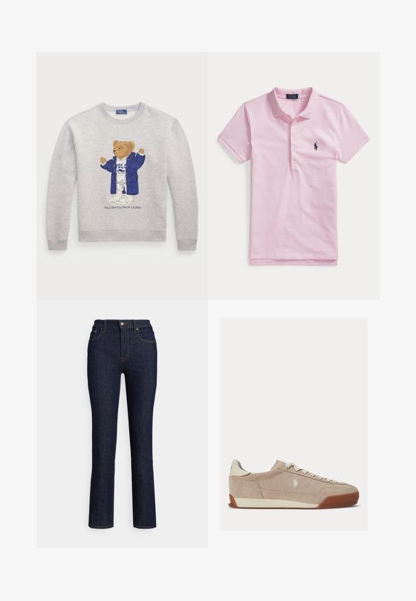 Helles graues Sweatshirt mit einem Grafikmotiv eines Bären in einem blauen Mantel und weißer Kleidung. Gerippte Bündchen und Saum. "Polo Bear by Ralph Lauren"-Text darunter.; Hellrosa Poloshirt mit kurzen Ärmeln, vier Knöpfen und dunkelblau besticktem Logo auf der linken Brust.; Dunkelblaue Jeans aus Denim mit geradem Bein, hoher Taille, dezenten Nähte und klassischem Fünf-Taschen-Stil.; Beiger Wildleder-Low-Top-Sneaker mit weißen Schnürsenkeln, weißem Logo an der Seite und brauner Gummisohle.