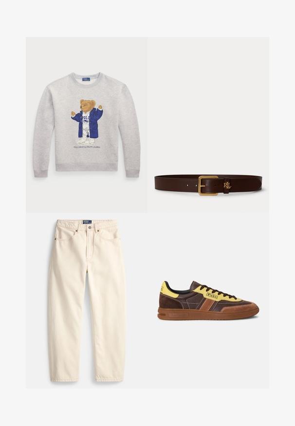 Helles graues Sweatshirt mit einem Grafikmotiv eines Bären in einem blauen Mantel und weißer Kleidung. Gerippte Bündchen und Saum. "Polo Bear by Ralph Lauren"-Text darunter.; Jeans in Cremefarbe aus Denim mit geradem Bein, Fronttaschen und Ziernähten. Metallknopf und Reißverschluss zum Schließen.; Brauner und gelber Sneaker aus Leder- und Wildledermaterialien, mit niedrigem Schnitt, kontrastierenden Streifen und einer strukturierten Gummisohle.; Dunkelbrauner Ledergürtel mit goldener rechteckiger Schnalle und kleinem goldenen "RL" Logo nahe der Schnalle auf schlichtem hellem Hintergrund.