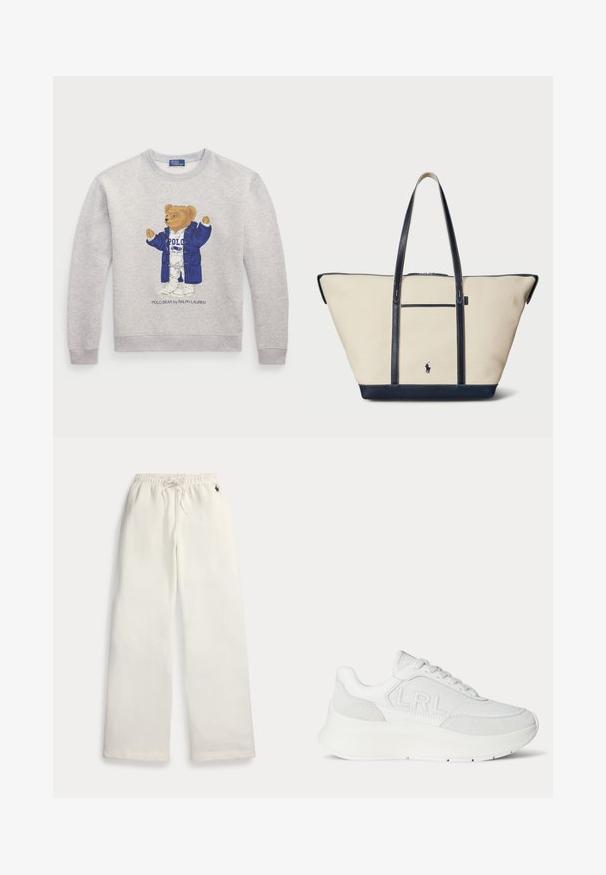 Lichtgrijze sweatshirt met een afbeelding van een beer in een blauw jasje en een witte outfit. Geribbelde boorden en zoom. "Polo Bear by Ralph Lauren" tekst eronder.; Witte wijde sweatpants met elastische tailleband, trekkoord, zijzakken en klein donkerblauw logo bij de rechtermouw.; Witte leren sneaker met dikke zool en "LRL" geperst aan de zijkant, voorzien van veters en suède accenten bij de hiel en tenen.; Canvas schoudertas met marineblauwe leren accenten, voorzien van twee lange handvatten, een voorvak en een klein logo in het midden. Beige kleur.
