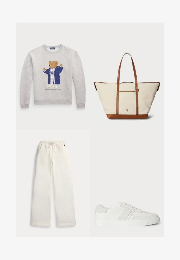 Helles graues Sweatshirt mit einem Grafikmotiv eines Bären in einem blauen Mantel und weißer Kleidung. Gerippte Bündchen und Saum. "Polo Bear by Ralph Lauren"-Text darunter.; Weiße Sweatpants mit weitem Bein, elastischem Bund, Kordelzug, seitlichen Taschen und kleinem marineblauem Logo nahe der rechten Tasche.; Weiße Sneaker mit einem Obermaterial aus glattem Leder, Wildlederakzenten und flachen Schnürsenkeln. Verfügt über eine strukturierte Gummisohle und ein minimalistisches Design.; Beige Canvas-Umhängetasche mit braunen Lederakzenten, ausgestattet mit zwei langen Griffen, einer Vordertasche und einem Logo nahe dem Boden.