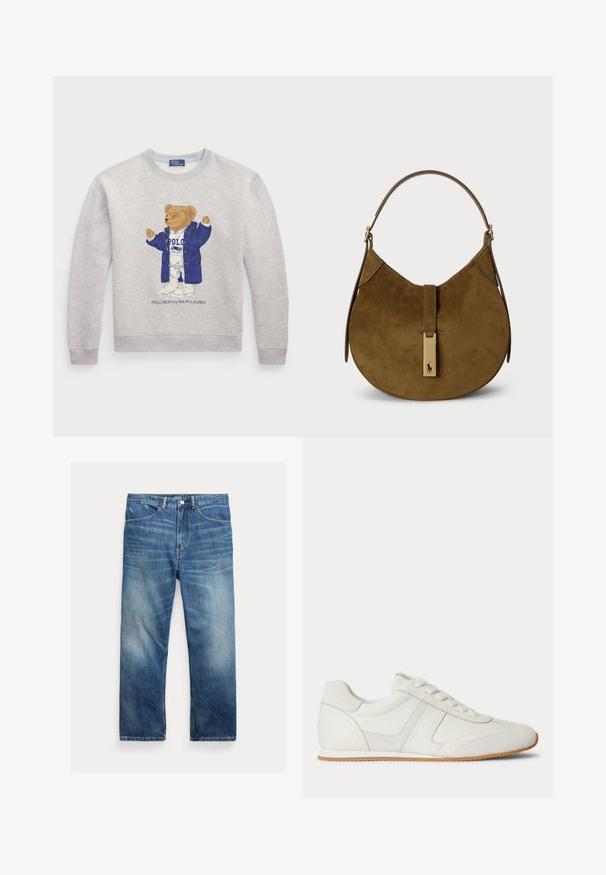 Lichtgrijze sweatshirt met een afbeelding van een beer in een blauw jasje en een witte outfit. Geribbelde boorden en zoom. "Polo Bear by Ralph Lauren" tekst eronder.; Blauwe gewassen spijkerbroek met rechte pijp, voorzakken, riemlussen en vervaagde details op dijen en knieën.; Witte lage sneaker met veters aan de voorkant, suède en leren panelen, en een lichtbruine rubberen zool op een witte achtergrond.; Donkerbruin suède handtas met een gebogen silhouet. Voorzien van een bovenhandvat en een metalen logo-accent op de sluiting aan de voorkant.