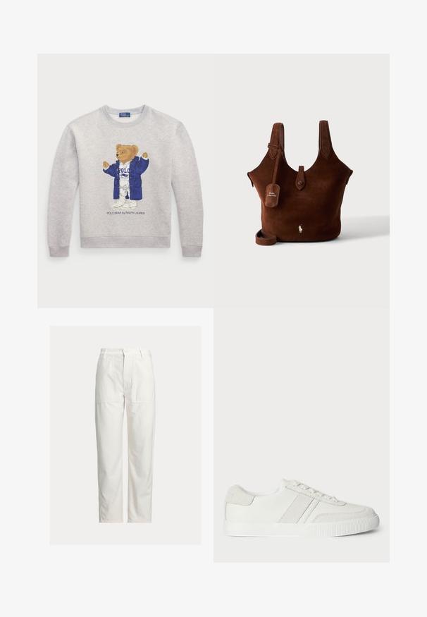 Lichtgrijze sweatshirt met een afbeelding van een beer in een blauw jasje en een witte outfit. Geribbelde boorden en zoom. "Polo Bear by Ralph Lauren" tekst eronder.; Witte broek met rechte pijpen, grote voorkwabzakken, riemlussen en een knoopsluiting in de taille.; Witte sneaker met een glad leren bovenzijde, suède accenten en platte veters. Voorzien van een geëxtraheerde rubberen zool en een minimalistisch ontwerp.; Bruine suède draagtas met twee schouderbanden, knoopsluiting en Polo Ralph Lauren-logo aan de voorkant en aan het hanglabel.