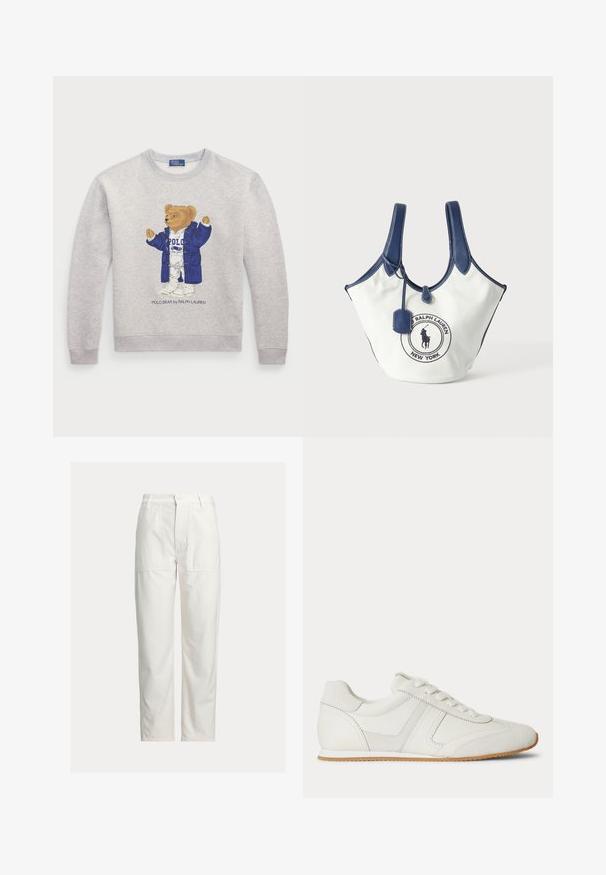 Sudadera gris clara con un gráfico de un oso vestido con un abrigo azul y un conjunto blanco. Puños y dobladillo acanalados. Texto "Polo Bear by Ralph Lauren" debajo.; Pantalones blancos de pierna recta con grandes bolsillos parche delanteros, trabillas para cinturón y cierre con botón en la cintura.; Zapatilla blanca de corte bajo con cordones en la parte frontal, paneles de ante y cuero, y una suela de goma marrón claro sobre un fondo blanco.; Bolsa tote de lona blanca con asas y ribetes azul marino, con parche del logo de Ralph Lauren en el frente y una pequeña etiqueta colgante.