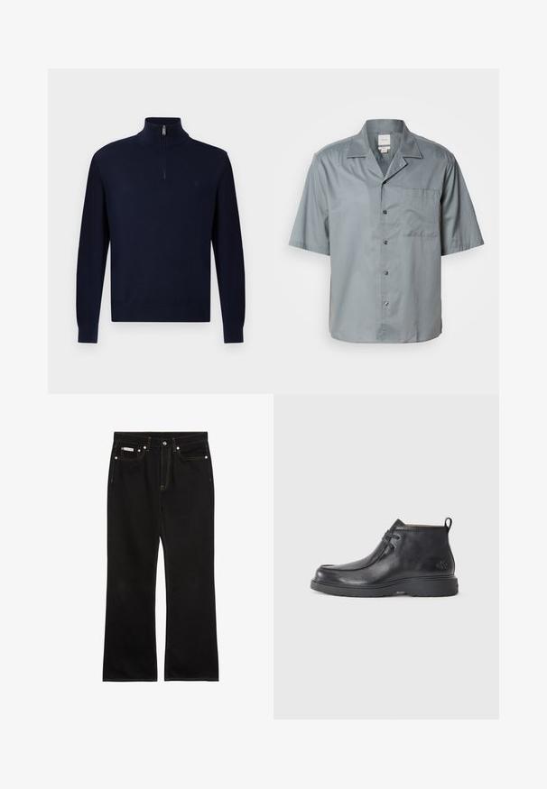 Pull en laine bleu marine à manches longues avec un col zippé à quart et un logo discret sur la poitrine gauche, présenté sur un fond uni.; Chemise à manches courtes en tissu gris clair avec une texture lisse, dotée d'une poche poitrine et d'un col classique.; Jean noir droit avec coutures orange, cinq poches, fermeture par bouton, et une petite étiquette Calvin Klein sur la poche avant droite.; Bottes noires en cuir à talon arrondi, avec un design à lacets et une languette à l'arrière. Tige texturée et semelle en caoutchouc.