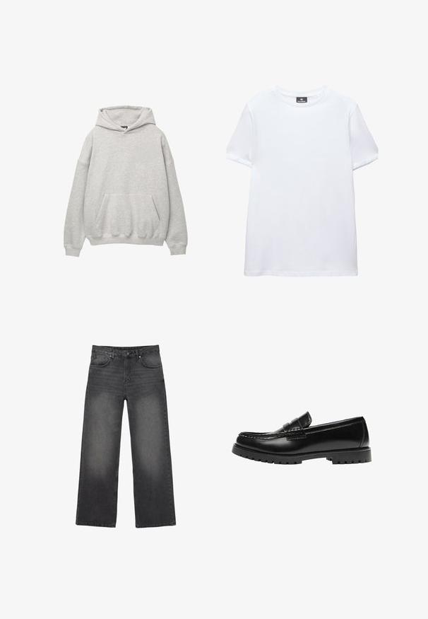 Grijze hoodie van zacht terry stof, met een grote voorzak, een capuchon met trekkoord en verlaagde schouders voor een relaxte pasvorm.; Effen wit T-shirt met korte mouwen en een ronde hals met een zwart Pull&Bear-label aan de binnenkant van de kraag, afgebeeld op een witte achtergrond.; Zwart vervaagde wijde jeans met vijf zakken, knoopsluiting en riemlussen, weergegeven op een witte achtergrond.; Zwarte leren loafer met een dikke rubberen zool en klassieke penny-strap details, gezien vanaf de buitenkant.