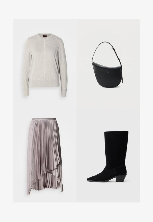 Lys grå sweater med rund halsudskæring, lange ærmer og en vertikal sømdetalje foran. Fremstillet af blødt, tekstureret stof.; Lys mauve asymmetrisk plisseret nederdel med satinlinning og lagdelt, faldende kantdetalje mod en ensfarvet baggrund.; Sort ruskind ankelstøvle med spidse tæer, mellemhøj skaft og en chunky hæl. Fuldender et minimalistisk design med lidt syninger og en glat tekstur.; Sort halv-måne skuldertaske i læder med justerbar rem og guld "BOSS"-logo centreret foran.