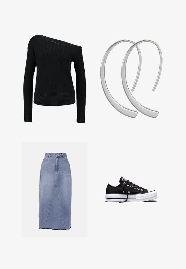 Suéter negro de punto que presenta un escote asimétrico, mangas largas y textura acanalada, con un corte relajado y dobladillo.; Falda midi de mezclilla en azul claro, con una cintura alta, costuras frontales y un dobladillo unevenido con bordes sin terminar para un acabado texturizado.; Zapatilla deportiva negra de lona de corte bajo con suela plataforma de goma blanca, cordones negros y ojales de metal sobre fondo blanco.; Pendientes de aro de metal plateado con una superficie lisa y brillante, en forma de media luna, que presentan un diseño minimalista y sin patrones visibles.
