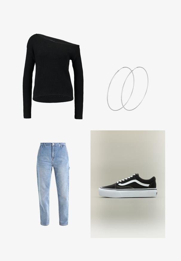 Suéter negro de punto que presenta un escote asimétrico, mangas largas y textura acanalada, con un corte relajado y dobladillo.; Jeans de mezclilla azul claro con cintura alta, pierna ajustada, cinco bolsillos y cierre de botón metálico clásico. Textura sutilmente desgastada en todo su diseño.; Zapatilla deportiva negra de corte bajo con raya lateral blanca, cordones blancos, suela de goma blanca y puntera texturizada sobre fondo neutro.; Pendientes de aro plateados con un diseño minimalista. Forma circular, textura suave y perfil delgado. Livianos con un acabado pulido.