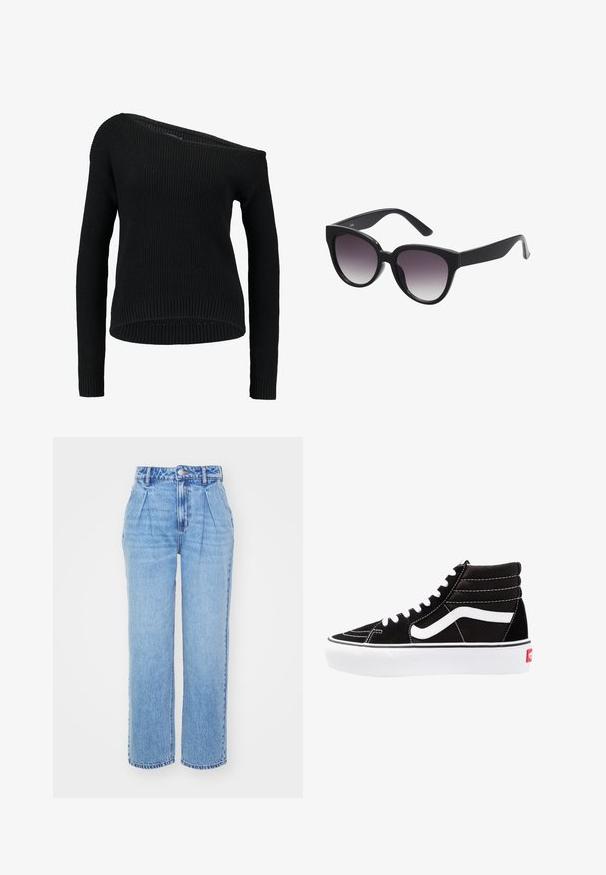 Pull en tricot noir avec un col asymétrique, des manches longues et une texture côtelée, offrant une coupe décontractée et un ourlet.; Jean en denim bleu clair avec une taille haute, une coupe large et des plis à l'avant. Présente une couture typique et une fermeture à bouton à la taille.; Baskets montantes noires avec des lacets blancs, un logo blanc et des coutures blanches contrastées. Dotées d'une épaisse semelle blanche et d'un dessus en daim texturé.; Lunettes de soleil noires en forme d'œil de chat avec des verres gris dégradés. Monture épaisse en plastique brillant et branches effilées. Aucune marque ou ornement visible.