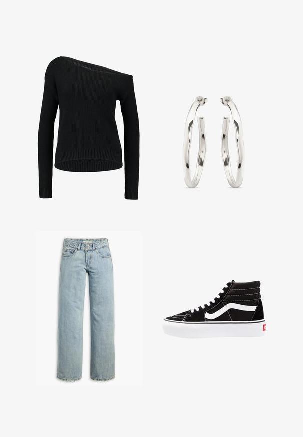 Suéter negro de punto que presenta un escote asimétrico, mangas largas y textura acanalada, con un corte relajado y dobladillo.; Jeans de mezclilla azul claro con un diseño de pierna ancha, que presentan una cintura alta, un estilo clásico de cinco bolsillos y un leve desgaste para darle textura.; Zapatillas altas negras con cordones blancos, un logo blanco y costuras en blanco que contrastan. Presentan una suela blanca gruesa y una parte superior de ante texturizado.; Par de pendientes de aro plateados brillantes con formas ligeramente irregulares y onduladas, y cierres seguros de poste, sobre un fondo blanco.