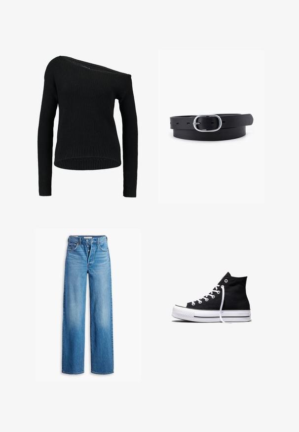 Pull en tricot noir avec un col asymétrique, des manches longues et une texture côtelée, offrant une coupe décontractée et un ourlet.; Jeans en denim bleu à taille haute, design à jambes larges et style à cinq poches. Présente un zip à bouton et une finition délavée.; Baskets montantes en toile noire avec semelle en caoutchouc blanche et lacets blancs, vues de côté sur un fond blanc.; Ceinture en cuir noir au toucher lisse, boucle en métal argenté de forme ovale et plusieurs trous d'ajustement le long de la sangle. Design plat et minimal.