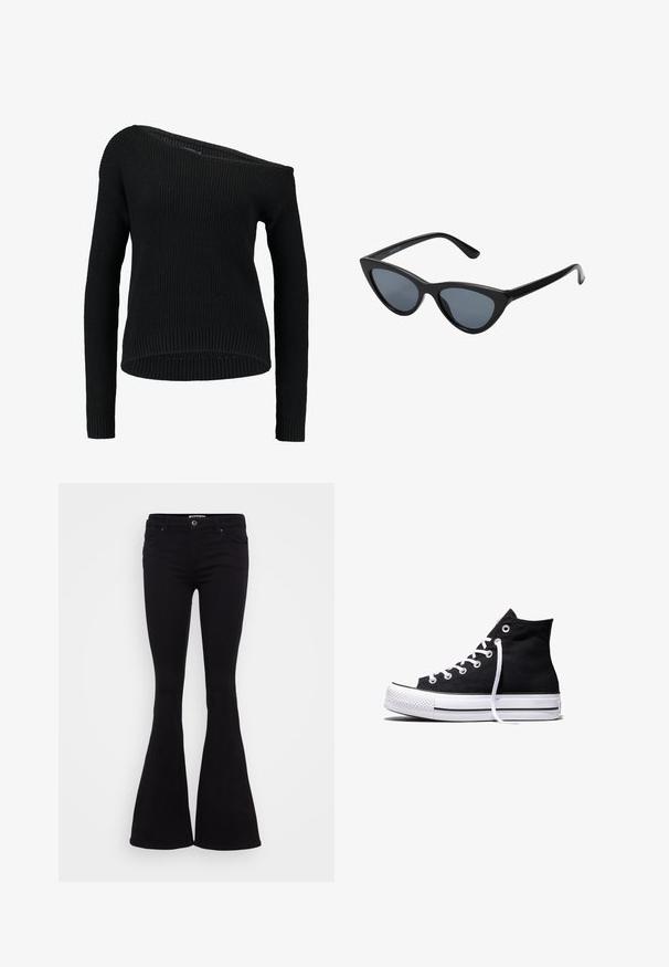 Pull en tricot noir avec un col asymétrique, des manches longues et une texture côtelée, offrant une coupe décontractée et un ourlet.; Jean évasé noir en tissu lisse, taille mi-haute, poches avant et fermeture par bouton. L'ourlet s'évase vers le bas.; Baskets montantes en toile noire avec semelle en caoutchouc blanche et lacets blancs, vues de côté sur un fond blanc.; Lunettes de soleil noires en forme d'œil de chat avec des verres gris foncé, monture en plastique élégante, coins pointus et branches droites. Pas de métal visible ni d'accents.