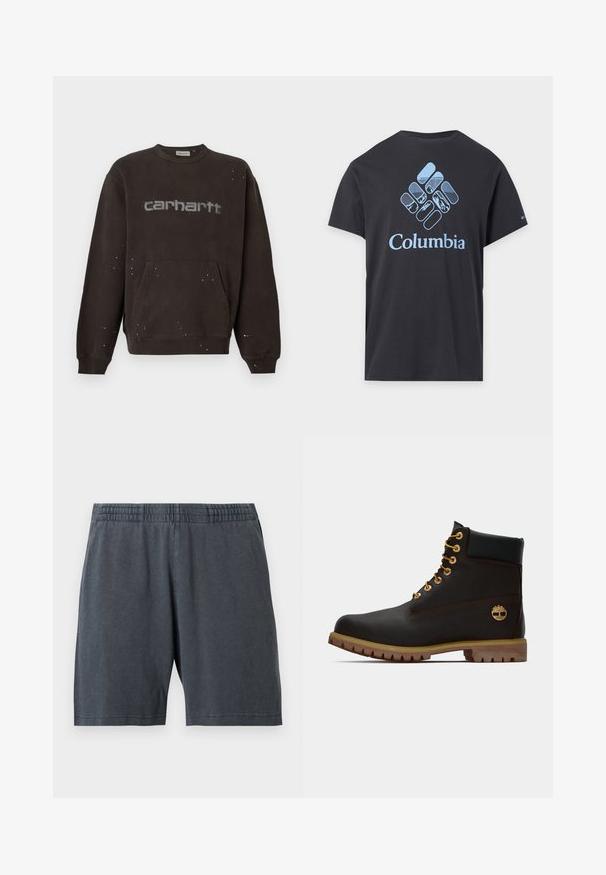 Σκούφος καφέ φόρμα Carhartt με μπροστινή τσέπη και μικρές λευκές πιτσιλιές βαφής διασκορπισμένες πάνω στο ύφασμα και το λογότυπο.; Μαύρο κοντομάνικο μπλουζάκι με ανοιχτό μπλε λογότυπο και κείμενο Columbia, τοποθετημένα στο κέντρο μπροστά, σε απλό λευκό φόντο.; Σκούρο γκρι βαμβακερά σορτς με ελαστική μέση και πλαϊνές τσέπες, τοποθετημένα επίπεδα σε λευκό φόντο.; Μαύρη δερμάτινη αστράγαλοι μποτάκι με χρυσά μάτια, καφέ λεπτομέρειες και ελαστική σόλα. Διαθέτει επενδεδυμένο κολάρο και ανάγλυφο λογότυπο στη πλευρά.
