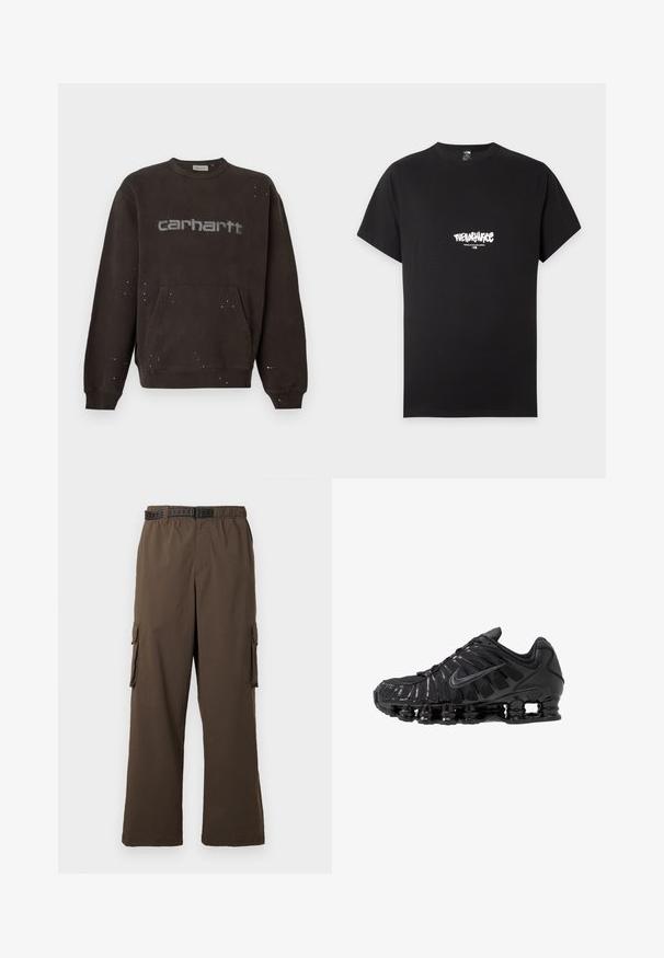 Σκούφος καφέ φόρμα Carhartt με μπροστινή τσέπη και μικρές λευκές πιτσιλιές βαφής διασκορπισμένες πάνω στο ύφασμα και το λογότυπο.; Μαύρο κοντομάνικο T-shirt με λευκό λογότυπο "The North Face" και κείμενο "Never Stop Exploring" κεντραρισμένα στο στήθος.; Καφέ παντελόνι φορτίου με άνετη εφαρμογή, ελαστική μέση και δύο πλαϊνές τσέπες. Διαθέτει μαύρη ζώνη με σχέδιο, λείο υλικό.; Μαύρα αθλητικά παπούτσια κατασκευασμένα από δίχτυ και συνθετικά υλικά, με χαρακτηριστικό κυματιστό σχέδιο, μαύρη λαστιχένια σόλα και αντανακλαστικές λεπτομέρειες.