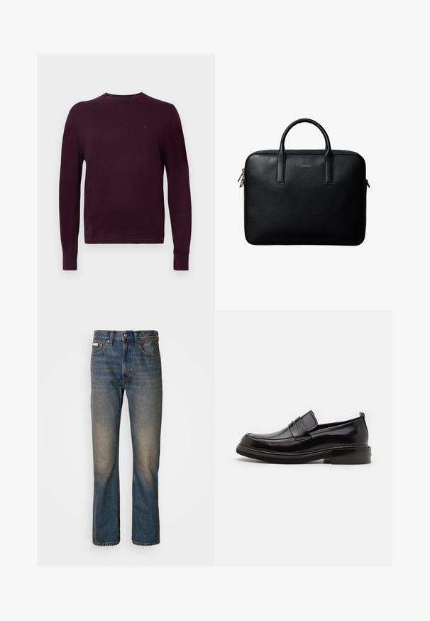 Pull-over à manches longues couleur bordeaux avec col rond, poignets côtelés et petit logo brodé sur la poitrine gauche.; Jean taille haute bleu en denim, avec une coupe droite, des patchs décolorés et usés, et un style traditionnel à cinq poches.; Calvin Klein MOCCASIN - Mocassins de ville - black; Mallette en cuir noir texturé avec double poignées et tirettes de fermeture éclair argentées, centrée sur fond blanc.
