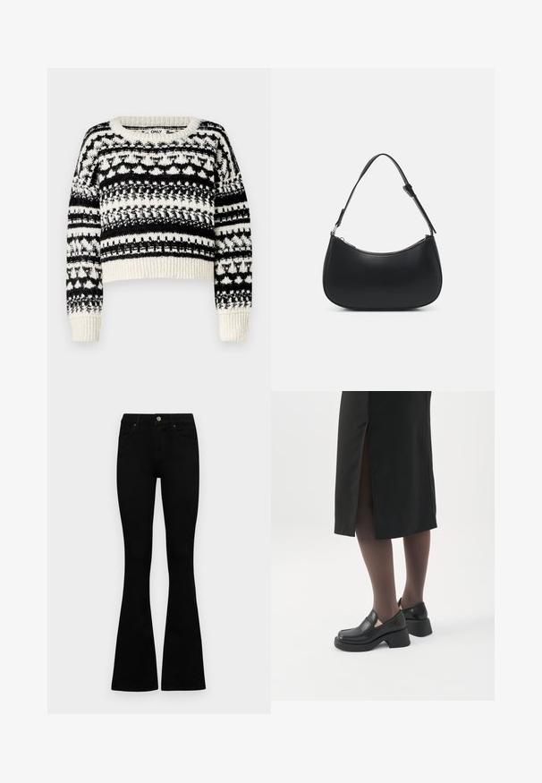 ONLY ONLALAIA LIFE O NECK - Svetrík - birch/black; Čierne vysoké nohavice s gombíkom a zipsom, predné vrecká a rozšírené nohavice položené na bielom pozadí.; Žena má na sebe čierne mokasíny s hrubým podpätkom, priehľadné čierne pančuchy a čiernu sukňu s rázporkom vzadu na bielom pozadí.; Pieces PCALUANA SHOULDER BAG - Kabelka - black