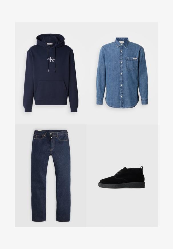 Donkerblauwe hoodie met een voorzak, een capuchon met trekkoord en een witte Calvin Klein-logo. Gemaakt van zachte stof met ribgebreide manchetten en onderkant.; Denim overhemd in medium blauw met een button-down kraag, lange mouwen, een borstzak en witte knopen. Heeft een licht afgeronde zoom.; Donkerblauwe recht gesneden spijkerbroek met knoopsluiting, voor- en achterzakken en contrasterende stiksels, plat gelegd op een lichte achtergrond.; Zwarte suede enkellaarsjes met een ronde neus, vetersluiting, zwarte rubberen zool en een aantreklip aan de achterkant voor gemakkelijk aan- en uittrekken.