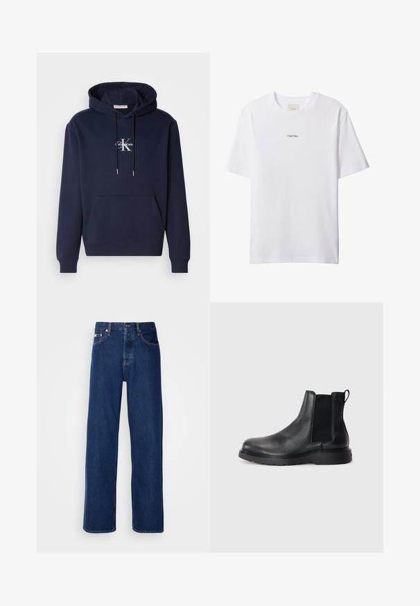 Donkerblauwe hoodie met een voorzak, een capuchon met trekkoord en een witte Calvin Klein-logo. Gemaakt van zachte stof met ribgebreide manchetten en onderkant.; Witte katoenen T-shirt met een ronde hals en korte mouwen. Heeft een klein zwart "Calvin Klein"-logo in het midden van de borst.; Donkerblauwe denim jeans met een wijdbeen ontwerp, voorzien van een knoopsluiting en klassieke vijf-pocket styling. De stof heeft een gladde textuur.; Zwarte leren Chelsea boots met een gestructureerde afwerking, elastische zijpanelen en een stevige rubberen zool. Subtiele branding op de hiel.