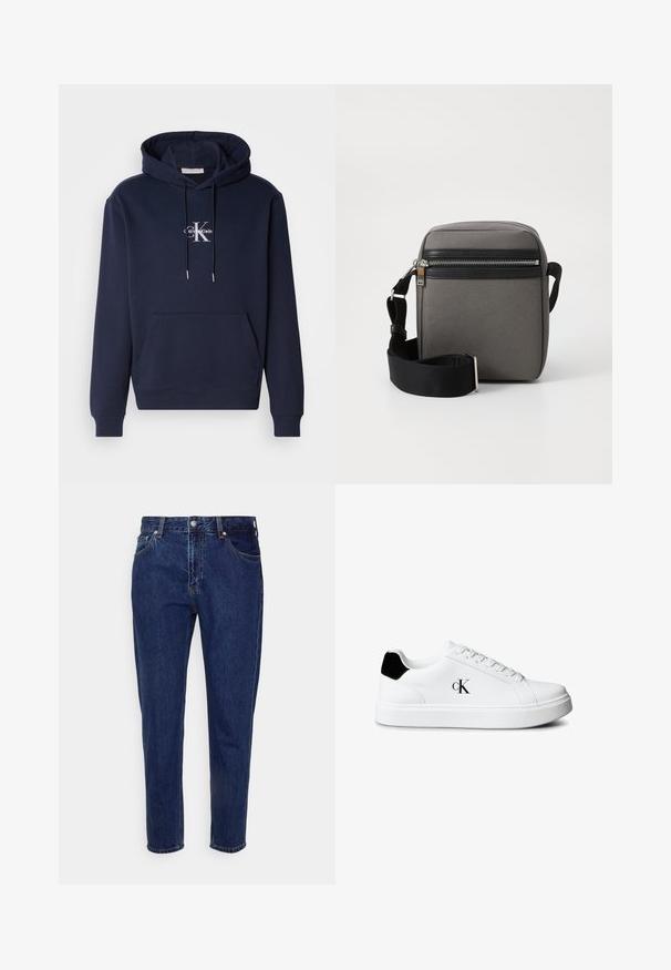 Námornícky modrá mikina s kapucňou, predným vreckom a bielym logom Calvin Klein. Vyrobená z mäkkej tkaniny s rebrovanými manžetami a spodným lemom.; Tmavomodré rifľové nohavice rovného strihu s predným zapínaním na gombík a zips, s pútkami na opasok a prednými aj zadnými vreckami.; Biela nízka teniska s čiernou pätovou záložkou a logom „cK“ na boku, s bielymi šnúrkami a hrubou bielou podrážkou.; Sivá tkaninová crossbody taška s čiernou zipsovou kapsou, nastaviteľným popruhom a obdĺžnikovým tvarom. Má hladkú štruktúru a kovové hardvérové prvky.