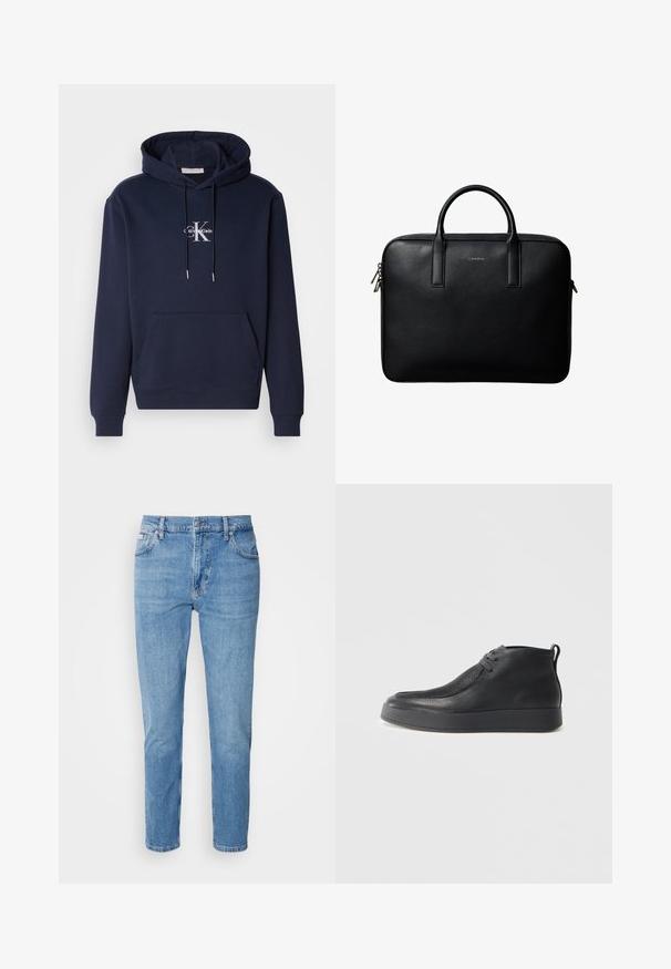 Mørkeblå hættetrøje med en frontlomme, snøre til hætten og hvidt Calvin Klein-logo. Lavet af blødt stof med ribbede manchetter og kant.; Lys blå denim jeans med lige snit, fem-lomme design og subtilt slid. Har knaplukning og bæltestropper.; Sort læder ankelstøvle med struktureret overflade, snørebånd fortil, trækstrop ved hælen og tykk gummisål mod en lys baggrund.; Sort tekstureret lædermappe med dobbelte håndtag og sølv lynlås, centreret på hvid baggrund.