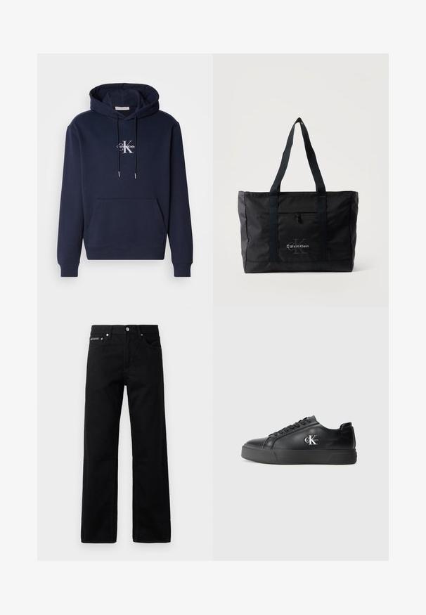 Námornícky modrá mikina s kapucňou, predným vreckom a bielym logom Calvin Klein. Vyrobená z mäkkej tkaniny s rebrovanými manžetami a spodným lemom.; Čierne denimové nohavice s rovnými nohavicami, piatimi vreckami a štítkom s logom na prednej strane, s kovovými prvkami a hladkou textúrou.; Čierne kožené tenisky s okrúhlou špičkou, plochou čiernou podrážkou a tonálnym šnurovaním. Ozdobené strieborným logom na boku, hladký povrch po celom obvode.; Čierna taška Calvin Klein s dvoma dlhými rukoväťami, predným vreckom na zips a logom potlačeným v strede na prednej strane.