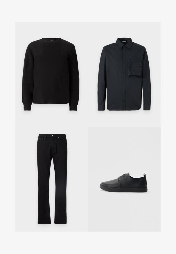Sort strikket sweater med ribbet tekstur, rund hals og lange ærmer. Har en subtil paneldesign og et lille logo på ærmet.; Sort langærmet skjorte lavet af glat stof. Har krave med knaplukning og en brystlomme til venstre med lynlås. Klassisk pasform.; Sorte straight-leg jeans i denim med fem lommer og knaplukning, vist fladt på en hvid baggrund.; Sorte lædersneakers med en glat finish, rund tå, tonalt syning, snøring foran og en flad gummisål. Løkke ved hælen.