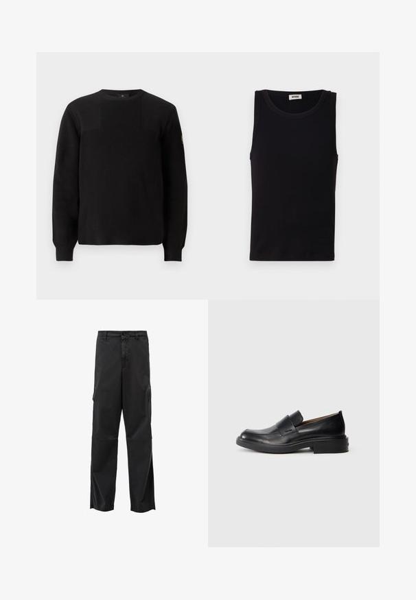 Sort strikket sweater med ribbet tekstur, rund hals og lange ærmer. Har en subtil paneldesign og et lille logo på ærmet.; Sort sansædet tanktop lavet af blød bomuld. Har en rund halsudskæring og lige pasform, med minimal syningdetalje.; Sorte cargo bukser med lige skæring, knaplukning og sidelommer. Glat stof med mat finish og uden synlige mønstre.; Sorte læder slip-on dress sko med lav hæl og subtil Calvin Klein logo på siden, vist i profil på en hvid baggrund.