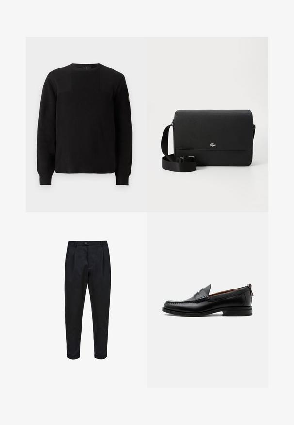Suéter negro de punto con textura acanalada, cuello redondo y mangas largas. Presenta un diseño de panel sutil y un pequeño logo en la manga.; Pantalones negros de tejido suave, con un frente plisado, ajuste tapered y puños enrollados. Cierre de botón sencillo en la cintura.; Mocasín de hombre de piel negra con costura moc toe, tira penny, cuello texturizado y tacón bajo apilado sobre fondo blanco.; Bolso cruzado de cuero negro con una textura suave, tapa frontal, acento con logo plateado y correa de tela ajustable.