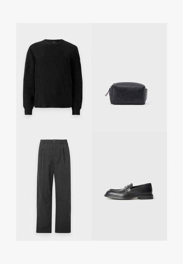 Sort strikket sweater med ribbet tekstur, rund hals og lange ærmer. Har en subtil paneldesign og et lille logo på ærmet.; Sorte bukser lavet af letvægtsstof. Har et plisseret design, en elastisk linning med knap og lige ben.; Sorte læder loafers med en struktureret finish, der har en dekorativ frontrem og en rundet tå. Gummisål for holdbarhed.; Sort rektangulær lædertoilettaske med lynlås og præget brandnavn foran, sat mod en ensartet hvid baggrund.