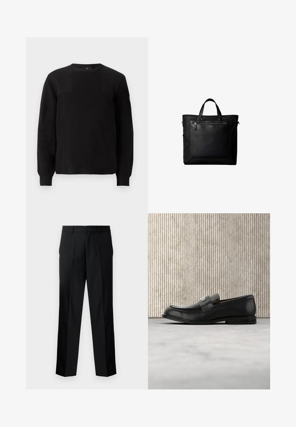 Sort strikket sweater med ribbet tekstur, rund hals og lange ærmer. Har en subtil paneldesign og et lille logo på ærmet.; Sorte skræddersyede bukser med lige snit, der har knaplukning, lynlås og bæltestropper. Glat stof med sidelommer.; Sort læderloafer med metalbrandskilt hvilende nær et brunt rundt bord på beige tæppe.; Sort taske med dobbelte håndtag, stor læderlomme foran med lynlås og diskret Calvin Klein-logo midt på lommen.