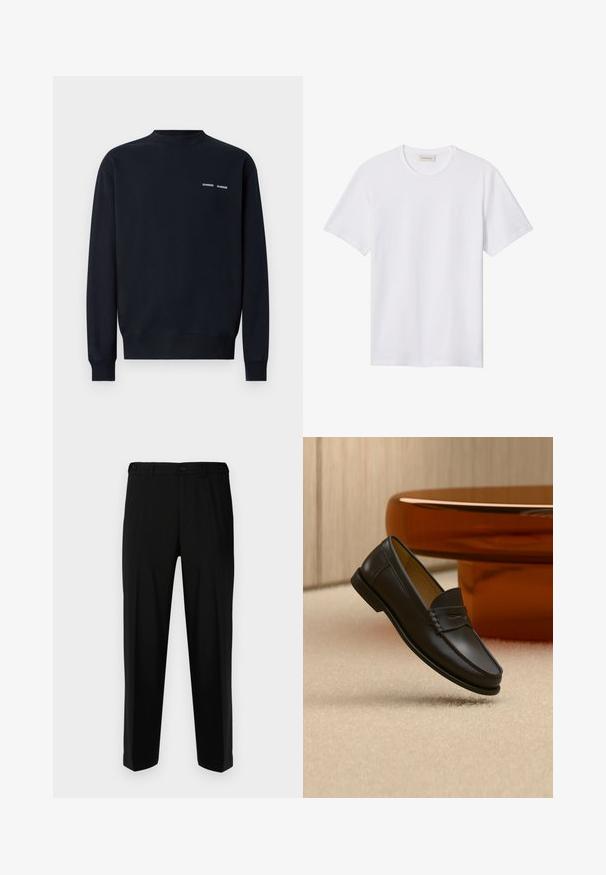 Mørkeblå sweatshirt lavet af bomuld. Har en rund halsudskæring, lange ærmer og to små hvide mærke-logoer på den øverste venstre bryst.; Hvidt ensfarvet T-shirt med korte ærmer og rund hals, med lille præget logo på venstre bryst og mærke indeni kraven.; Sorte bukser lavet af glat stof, med lige snit, to forlommer og lynlås med knaplukning.; Sort læder loafer-sko hængende over beige tæppe med ravfarvet moderne møblement i baggrunden.