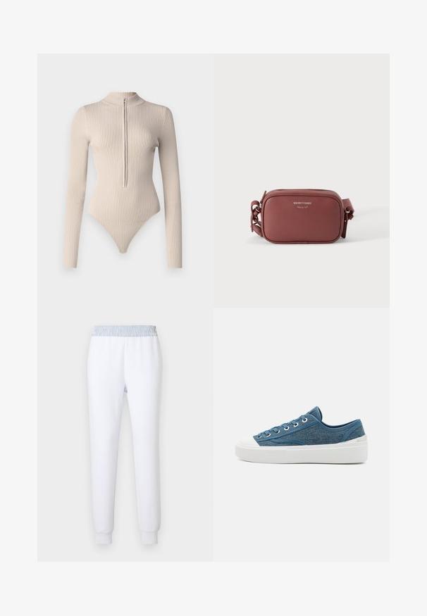 Good American VIRGO - Μπλούζα με μακριά μανίκια - beige; Λευκή φόρμα με ριγέ μπλε ελαστική μέση. Σχεδιασμός με στενή λοξή γραμμή στα πόδια, απαλό ύφασμα και ριμπ μανσέτες για άνετη εφαρμογή.; Μπλέ τζιν αθλητικά παπούτσια με λευκή καουτσούκ σόλα, στρογγυλή μύτη και ασημί λεπτομέρειες στη φτέρνα. Διαθέτει τρύπες για κορδόνια και αντίθετη ραφή.; Μικρό ορθογώνιο καφέ δερμάτινο τσαντάκι χιαστί με ασημένιο φερμουάρ και ρυθμιζόμενο λουρί σε λευκό φόντο.