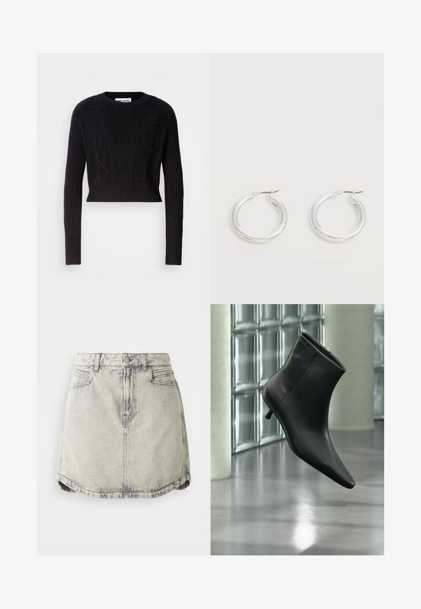 Zwart cropped sweater gemaakt van ribgebreide stof, met textuur kabelpatronen, lange mouwen en een ronde halslijn.; Denim rok in lichtgrijs met een vervaagde textuur, voorzien van een knoopsluiting in de taille, voorzakken en een licht gebogen zoom.; Zwarte leren enkellaars met spits toelopende neus en lage kittenhak, schuin weergegeven tegen een gepolijste vloer en een glazen blokken muur als achtergrond.; Een paar middelgrote glanzende zilveren oorringen met dunne metalen sluitingen op een lichte neutrale achtergrond.