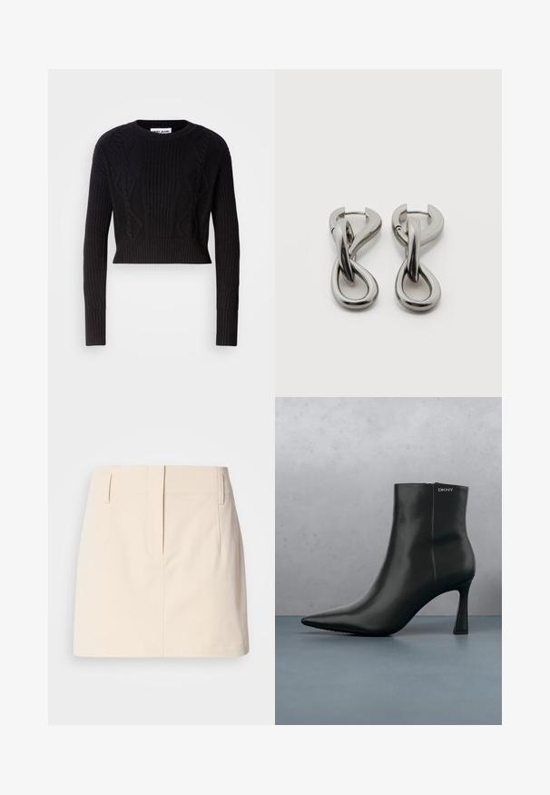 Zwart cropped sweater gemaakt van ribgebreide stof, met textuur kabelpatronen, lange mouwen en een ronde halslijn.; Calvin Klein Jeans SKIRT - A-lijn rok - fog; Zwarte leren enkellaars met spitse neus en een geometrische hak. Heeft subtiele branding en een gladde textuur. De achtergrond heeft getextureerde tegels.; Set zilverkleurige metalen oorbellen met een abstract ontwerp van in elkaar grijpende lussen op een witte achtergrond.