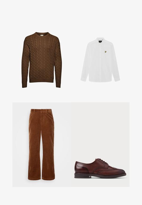 Brun kabelstrikket sweater med lange ærmer, ribbet manchetter og kant, samt rund halsudskæring, vist mod hvid baggrund.; Hvid langærmet skjorte med knapper, foldet krave og lille gult fuglelogo på venstre brystside.; Brune fløjl bukser med et bredbenet design, der har vertikalt ribbet tekstur, en knaplukning og standard bælteløkker.; Brun læder brogue sko med vinge design, perforeret detailing og mørk sål, vist i sideprofil på hvid baggrund.