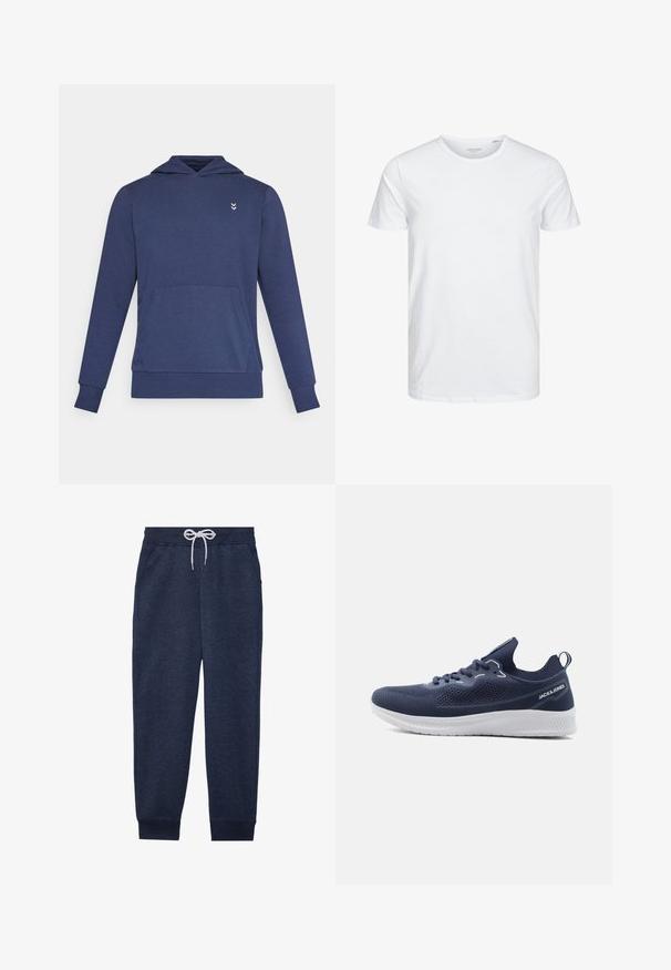 Sudadera con capucha azul marino de manga larga con bolsillo canguro y pequeño logo blanco de doble cheurón en el pecho izquierdo.; Camiseta de manga corta y cuello redondo en blanco sólido, fabricada en algodón suave, presenta un diseño simple sin patrones ni acentos visibles.; Pantalones de chándal azul marino hechos de una tela suave, con una cinturilla elástica y cordón, bolsillos laterales y puños ajustados.; Zapatilla deportiva de punto azul marino con suela blanca, diseño con cordones, lengüeta en el talón y marca "JACK & JONES" en el lateral.