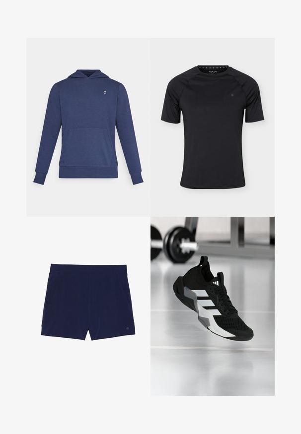 Sudadera con capucha azul marino de manga larga con bolsillo canguro y pequeño logo blanco de doble cheurón en el pecho izquierdo.; Camiseta deportiva negra de manga corta con cuello redondo y pequeño logo en el pecho izquierdo, mostrada sobre un fondo liso y claro.; Bañadores azul marino hechos de tejido ligero, con una cinturilla elástica y dos bolsillos laterales para almacenamiento.; Zapato deportivo negro con parte superior de malla, franjas blancas y detalles grises. Cuenta con un cuello acolchado y suela de goma. Adecuado para usar en el gimnasio.