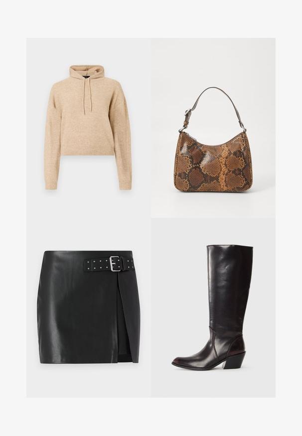 Haut de sweat en maille beige, cropped, avec des manches longues et une capuche à cordons, présenté sur fond blanc.; Mini-jupe en simili cuir noir avec une ceinture réglable comportant une boucle en argent et des clous décoratifs, design à enroulement avant et texture lisse.; Botte en cuir brun foncé, à hauteur de genou, avec un bout pointu, un talon bloc angulaire et une texture lisse et brillante. Présente un design épuré et des détails de couture.; Petit sac à main avec un motif en peau de serpent marron et noir, courroie courte et ajustable, et fermeture éclair.