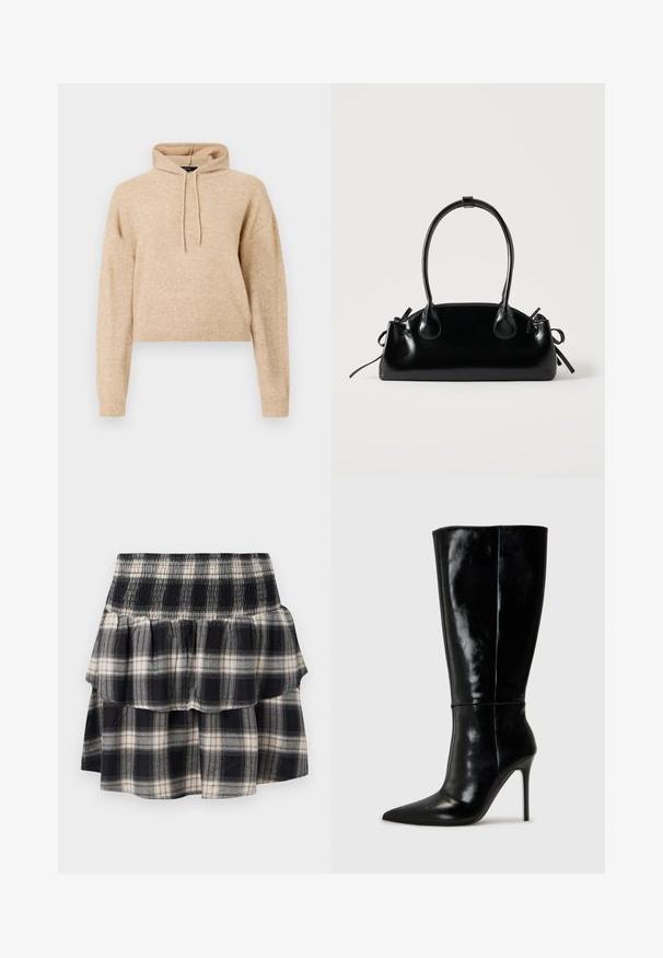 Haut de sweat en maille beige, cropped, avec des manches longues et une capuche à cordons, présenté sur fond blanc.; Jupe à volants à carreaux noir et blanc avec taille smockée. Avec des couches froncées et une texture douce en coton.; Bottes noires en cuir, hautes jusqu'au genou, avec un bout pointu et un talon aiguille haut. Texture lisse et design épuré, avec un minimum de détails.; Petit sac à main noir brillant avec deux longues anses et des détails à cordon sur les côtés sur un fond clair uni.