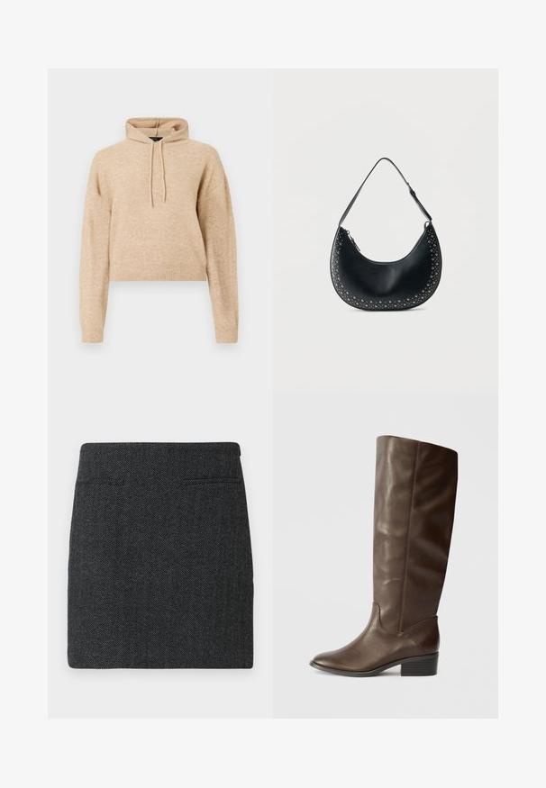 Haut de sweat en maille beige, cropped, avec des manches longues et une capuche à cordons, présenté sur fond blanc.; Mini-jupe à motif pied-de-poule en tissu gris foncé, dotée de deux poches latérales et d'une forme simple et droite sans embellissements.; Botte en cuir marron jusqu'au genou avec une texture lisse, un bout pointu et un petit talon empilé. Présente des coutures discrètes le long des coutures.; Sac bandoulière croissant en cuir noir avec des clous argentés le long des bords et une sangle ajustable sur fond blanc.