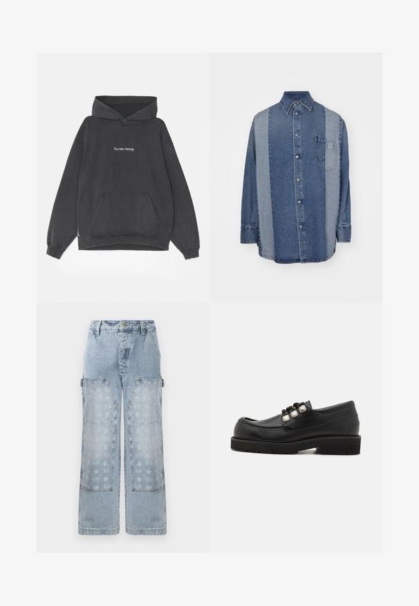 Filling Pieces HANDSHAKE VINTAGE - Kapuzenpullover - black; Denimhemd mit einem zweifarbigen Design, bestehenden aus dunklen und hellblauen Abschnitten, mit Knopfleiste, Kragen und einer Brusttasche.; Helle blaue Denim-Cargohosen zeichnen sich durch ein weites Bein-Design, große aufgesetzte Taschen und ein dezentes Blumenmuster an den unteren Paneelen mit goldenen Hardware-Elementen aus.; Schwarze Lederloafers mit rundem Zehenbereich, ausgestattet mit drei metallischen Akzenten und einer strukturierten Sohle für besseren Halt. Glattes Obermaterial und gestickte Details.