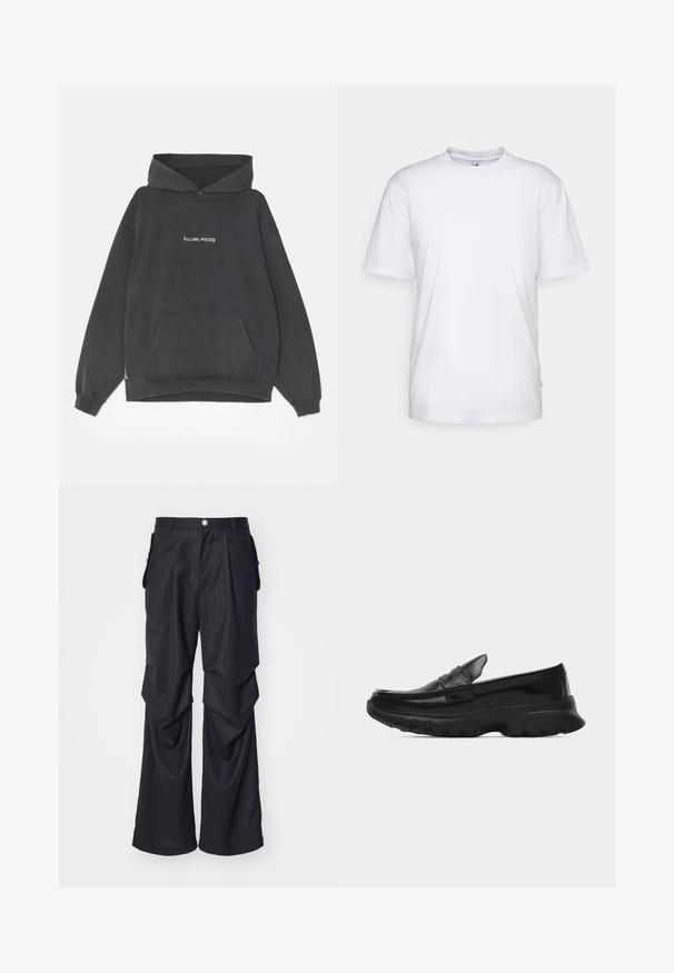 Filling Pieces HANDSHAKE VINTAGE - Kapuutsiga pusa - black; Valge puuvillane T-särk ümmarguse kaelusega, lühikeste käistega ja sirge äärisega. Paremal külgõmblusel on väike brändimärgistus.; Mustad pinstripes ja laia jala disainiga püksid, millel on voldid, küljetaskud ja eesmine nööpauk. Sile tekstuur.; Must läikiv loafer paksu tekstuurse tallaga ja õmmeldud detailidega, küljel vaade helehallil ühtlasel taustal.